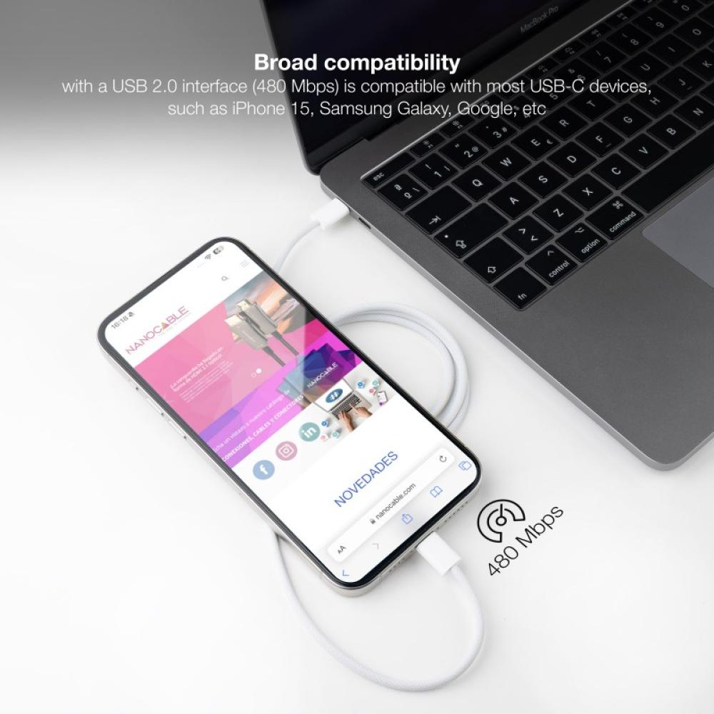 Nanocable - Cable USB-C 2.0 60W 3A, USB-C/M-USB-C/M, Blanco, 1 m