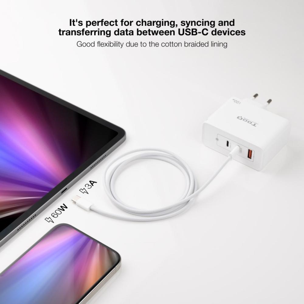 Nanocable - Cable USB-C 2.0 60W 3A, USB-C/M-USB-C/M, Blanco, 1 m