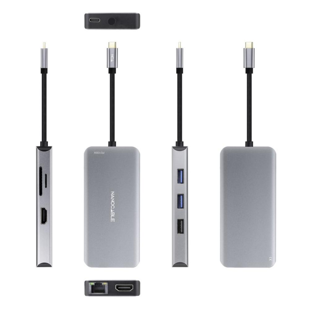Nanocable - HUB USB-C 9 en 1, Conversor USB-C a 3 x USB-A + 2 x HDMI + RJ45 + TF + SD + USB-C PD 100W, Aluminio, 15 cm, Gris
