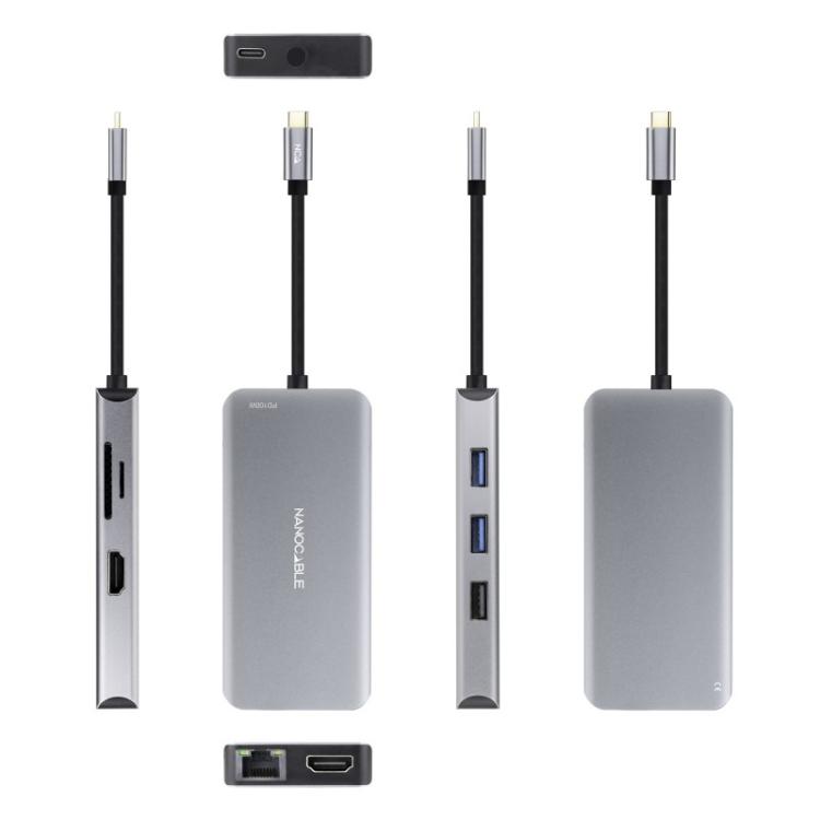 Nanocable - HUB USB-C 9 en 1, Conversor USB-C a 3 x USB-A + 2 x HDMI + RJ45 + TF + SD + USB-C PD 100W, Aluminio, 15 cm, Gris