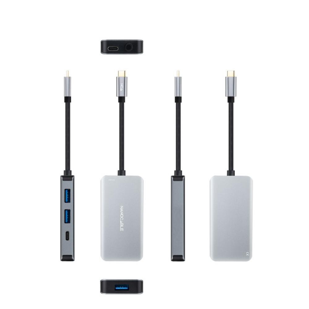 Nanocable - HUB USB-C 5 en 1, Conversor 3.2 GEN1 5G a 3 x USB-A 3.0 + USB-C + USB-C PD 100W, Aluminio, 15 cm, Gris