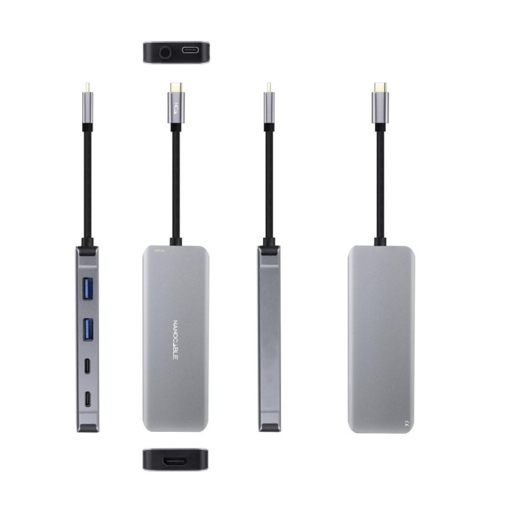 Nanocable - HUB USB-C 6 en 1, Conversor USB-C 3.2 GEN1 5G a 2 x USB-A + 2 x USB-C + HDMI + USB-C PD 100W, Aluminio, 15 cm, Gris