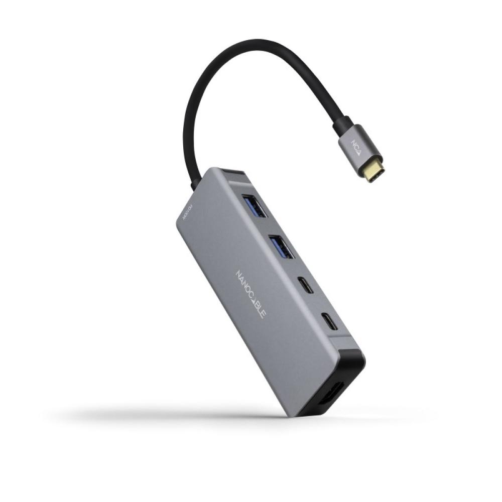 Nanocable - HUB USB-C 6 en 1, Conversor USB-C 3.2 GEN1 5G a 2 x USB-A + 2 x USB-C + HDMI + USB-C PD 100W, Aluminio, 15 cm, Gris