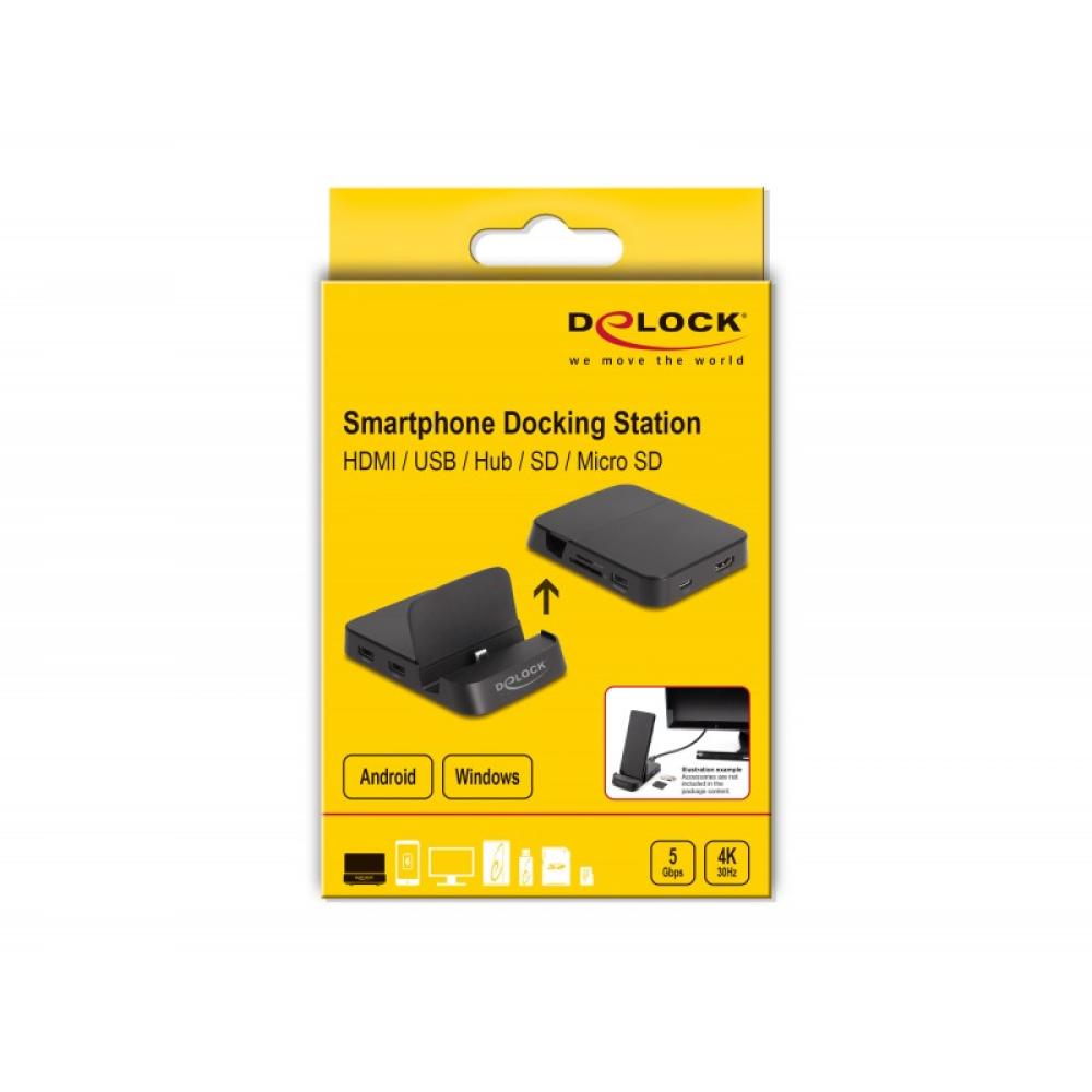 DeLOCK - Estación de acoplamiento para smartphone 4K con soporte integrado - HDMI/USB/Concentrador/SD/Micro SD para Android o Wi