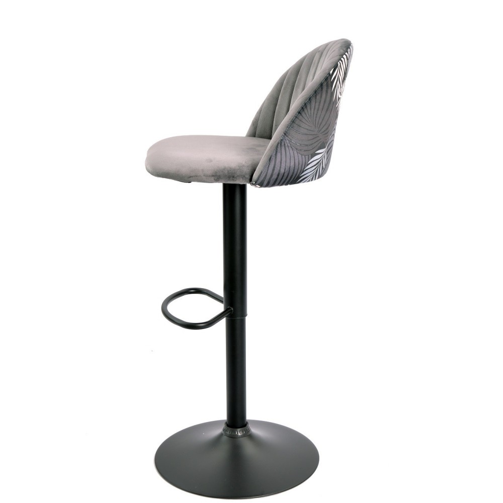 Taburete FLOWER, regulable, metal negro, tapizado velvet gris con trasera floral a juego