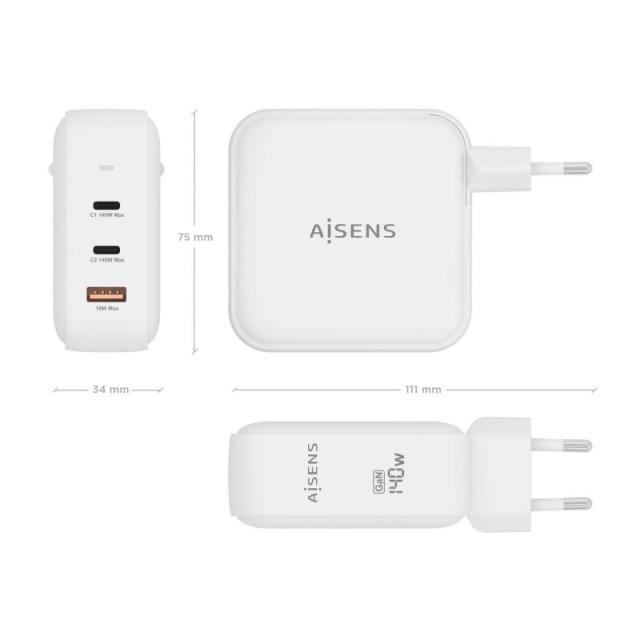 AISENS - Cargador GaN 140W, 2xUSB-C PD3.1 QC4.0, 1xUSB-A QC3.0, Blanco