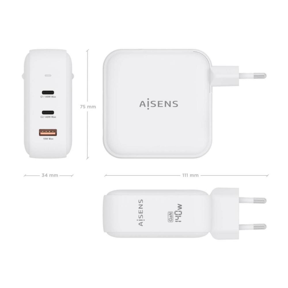 AISENS - Cargador GaN 140W, 2xUSB-C PD3.1 QC4.0, 1xUSB-A QC3.0, Blanco