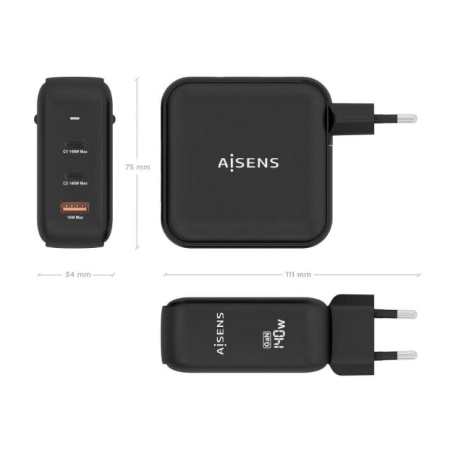 AISENS - Cargador GaN 140W, 2xUSB-C PD3.1 QC4.0, 1xUSB-A QC3.0, Negro