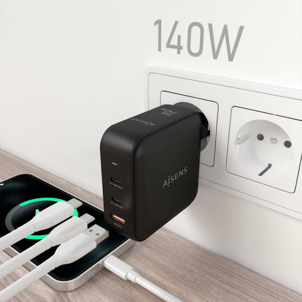 AISENS - Cargador GaN 140W, 2xUSB-C PD3.1 QC4.0, 1xUSB-A QC3.0, Negro