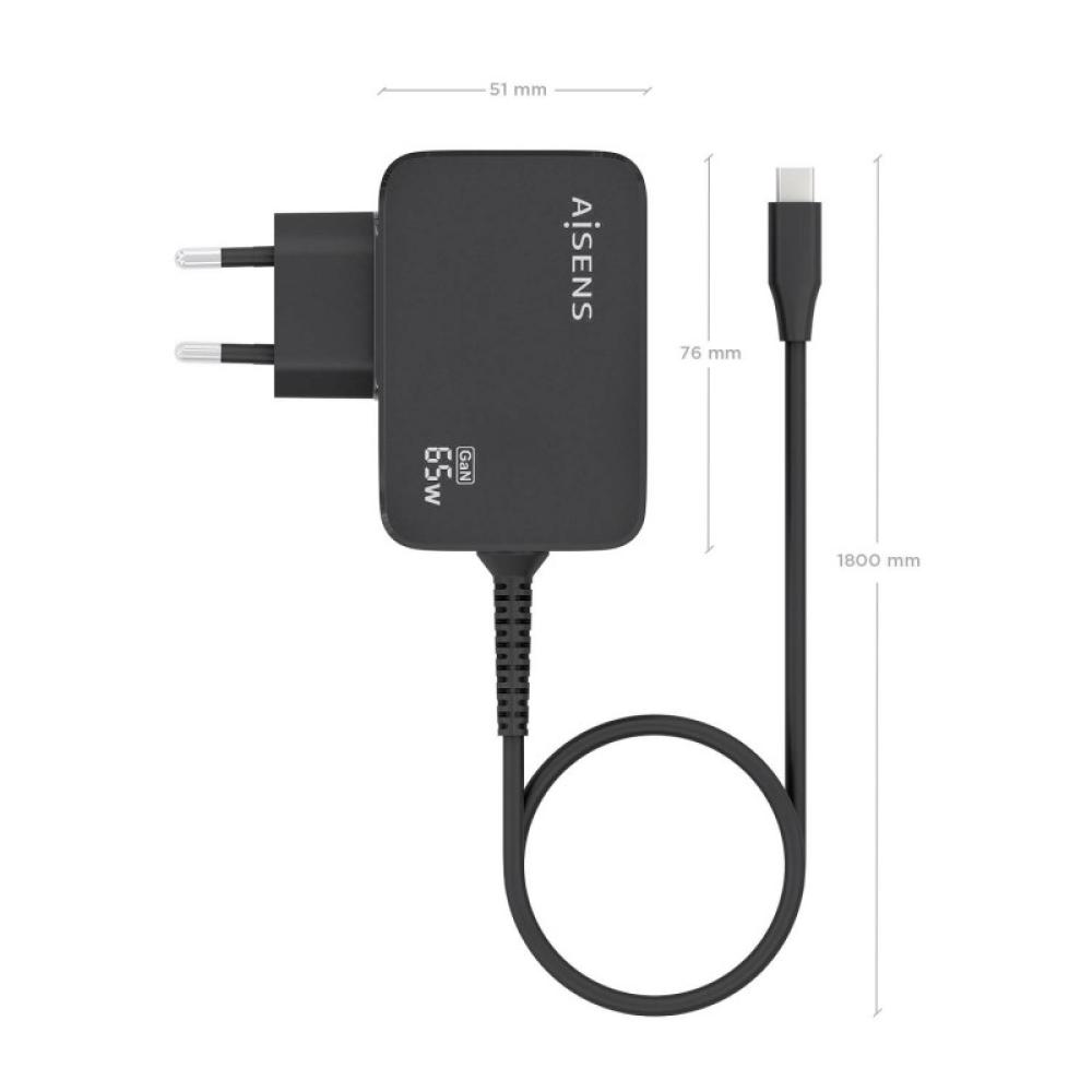 AISENS - Cargador GaN 65W PD3.0 1xUSB-C 1.8m, Negro