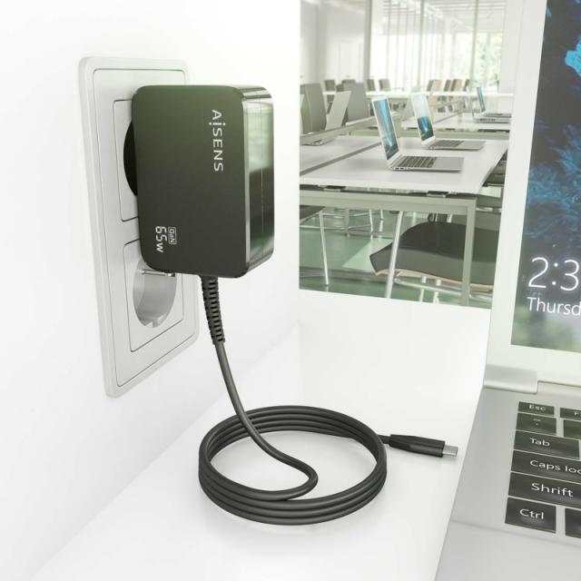 AISENS - Cargador GaN 65W PD3.0 1xUSB-C 1.8m, Negro