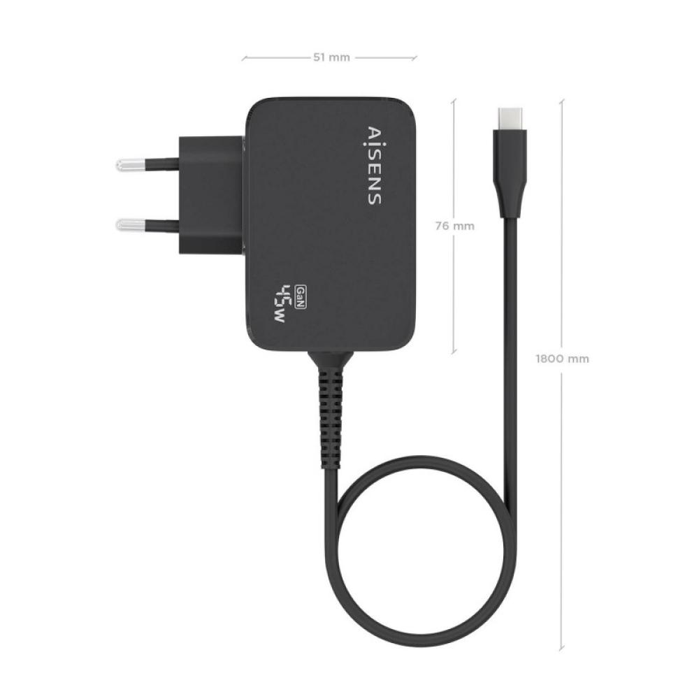AISENS - Cargador GaN 45W PD3.0 1xUSB-C 1.8m, Negro