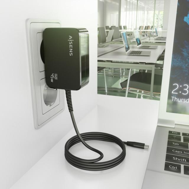 AISENS - Cargador GaN 45W PD3.0 1xUSB-C 1.8m, Negro