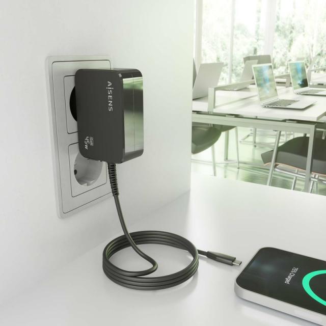 AISENS - Cargador GaN 45W PD3.0 1xUSB-C 1.8m, Negro