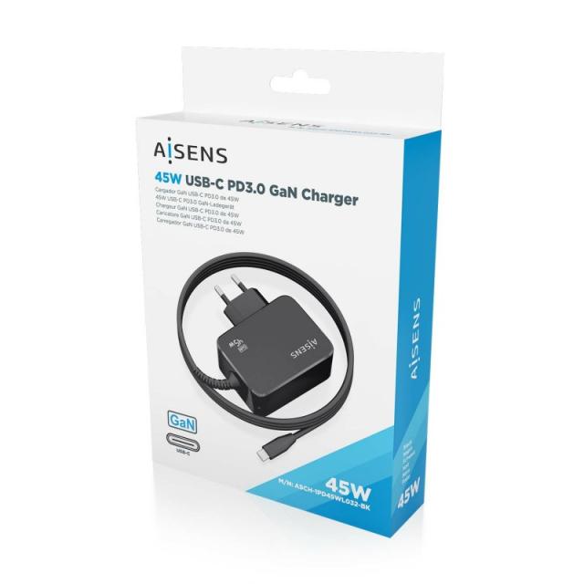AISENS - Cargador GaN 45W PD3.0 1xUSB-C 1.8m, Negro