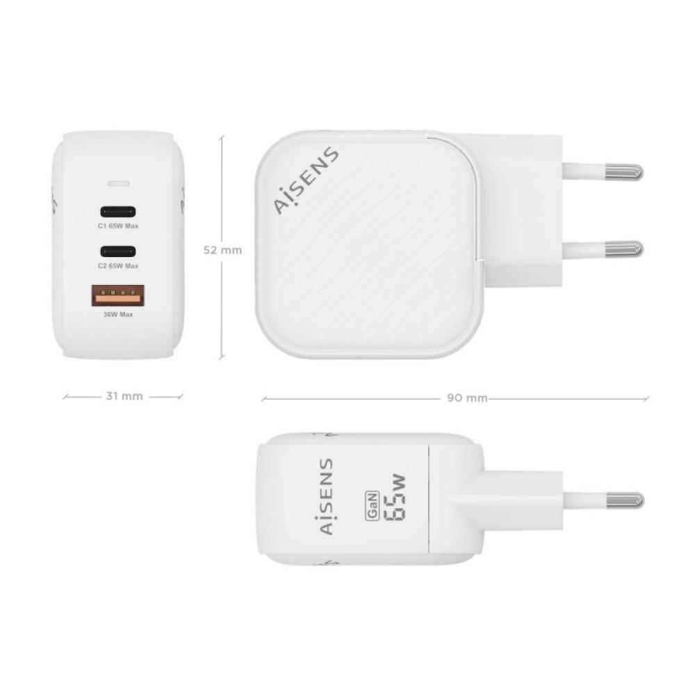 AISENS - Cargador GaN 65W, 2xUSB-C PD3.0 QC4.0, 1xUSB-A QC3.0, Blanco - ASCH-65W3P026-W