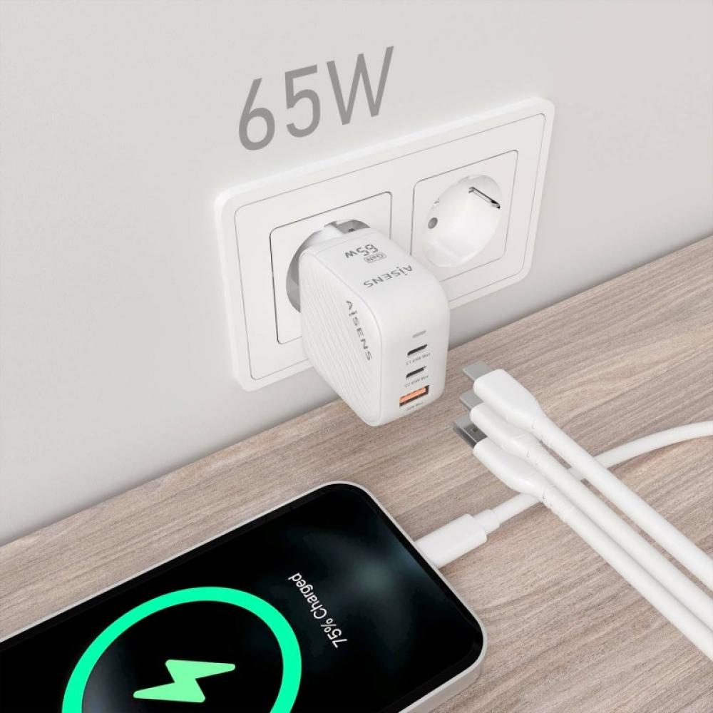 AISENS - Cargador GaN 65W, 2xUSB-C PD3.0 QC4.0, 1xUSB-A QC3.0, Blanco - ASCH-65W3P026-W