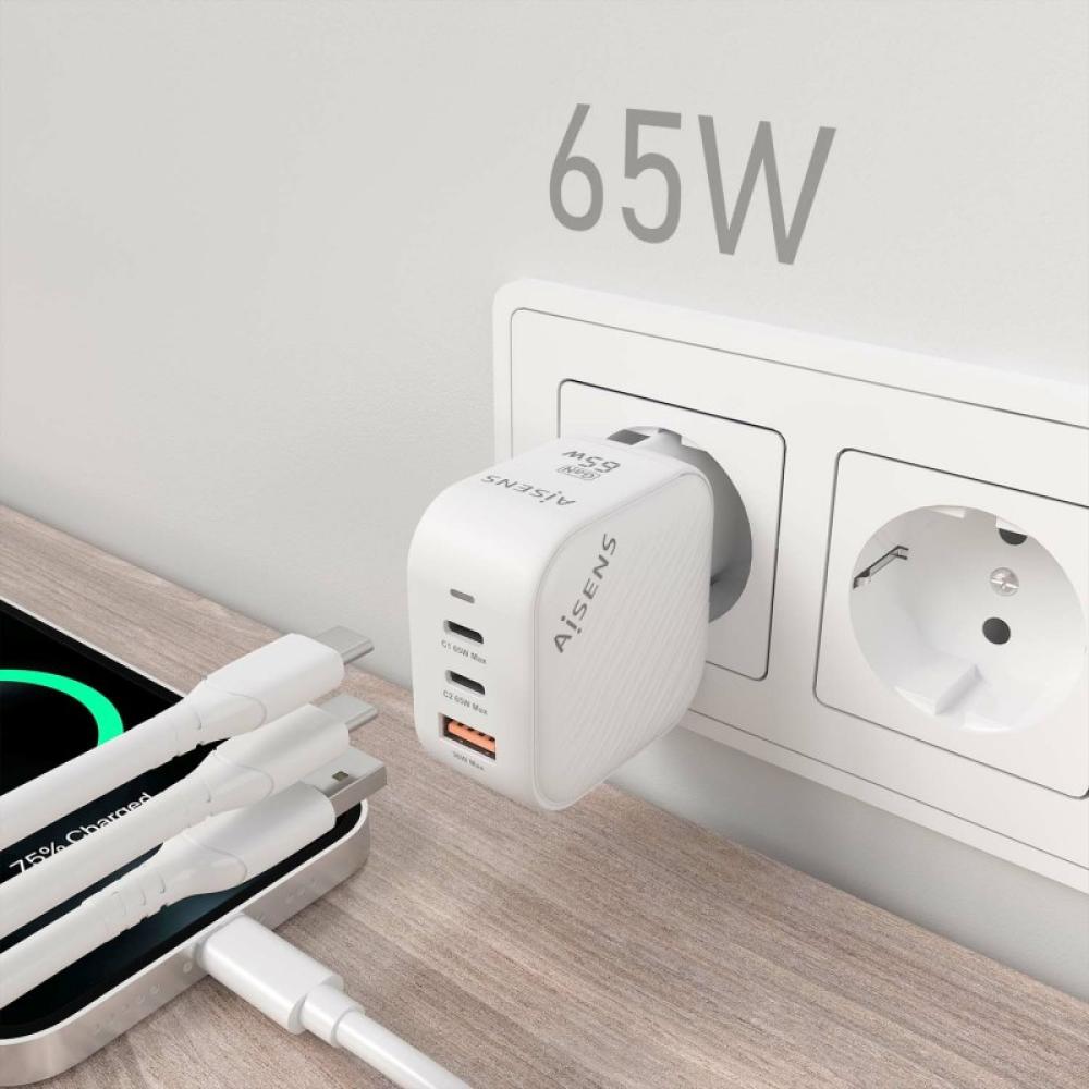 AISENS - Cargador GaN 65W, 2xUSB-C PD3.0 QC4.0, 1xUSB-A QC3.0, Blanco - ASCH-65W3P026-W