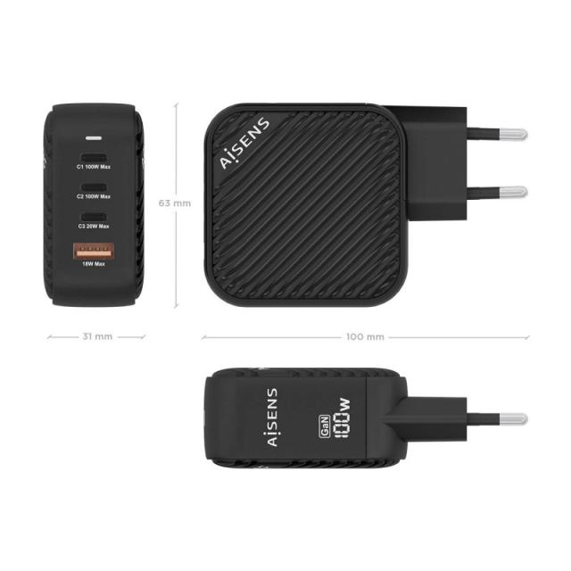 AISENS - Cargador GaN 100W, 3xUSB-C PD3.0 QC4.0, 1xUSB-A QC3.0, Negro