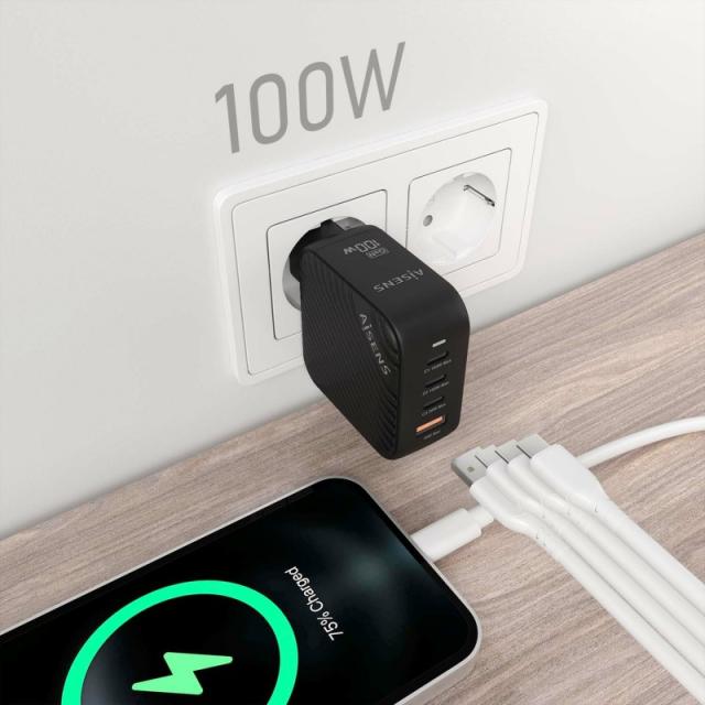 AISENS - Cargador GaN 100W, 3xUSB-C PD3.0 QC4.0, 1xUSB-A QC3.0, Negro
