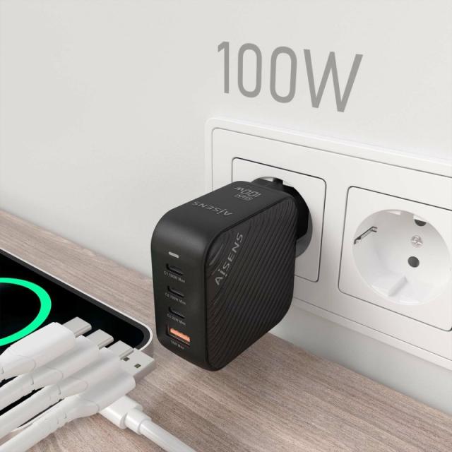 AISENS - Cargador GaN 100W, 3xUSB-C PD3.0 QC4.0, 1xUSB-A QC3.0, Negro