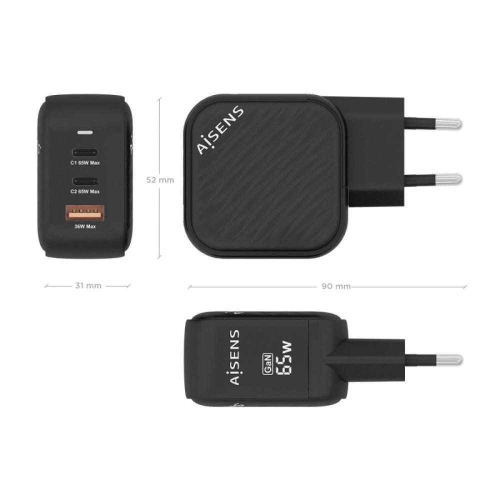 AISENS - Cargador GaN 65W, 2xUSB-C PD3.0 QC4.0, 1xUSB-A QC3.0, Negro - ASCH-65W3P027-BK