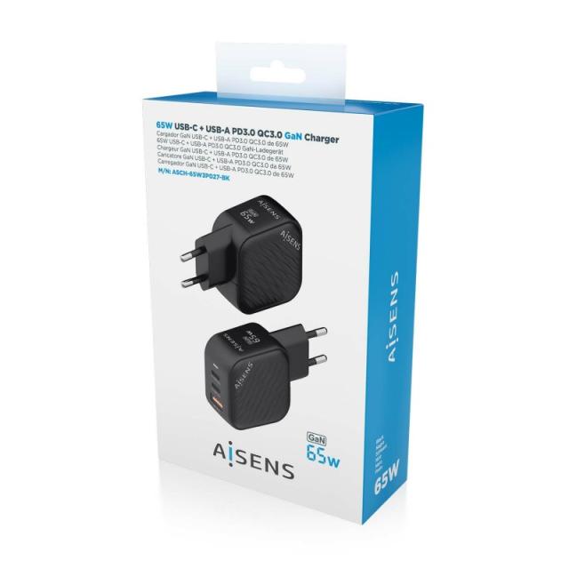 AISENS - Cargador GaN 65W, 2xUSB-C PD3.0 QC4.0, 1xUSB-A QC3.0, Negro - ASCH-65W3P027-BK
