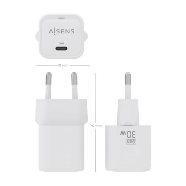 AISENS - Cargador GaN 30W, 1xUSB-C PD3.0 QC4.0, Blanco