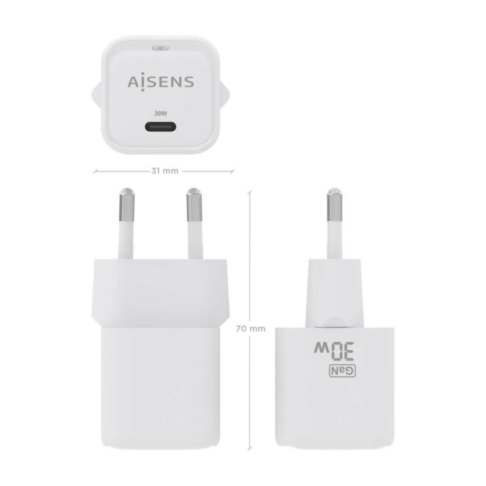 AISENS - Cargador GaN 30W, 1xUSB-C PD3.0 QC4.0, Blanco