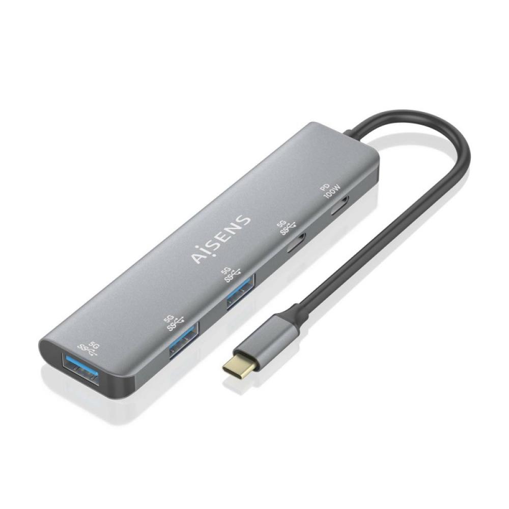 AISENS - Hub USB 3.2 Gen1 5G USB-C, USB-C/M-1xUSB-C PD100W/H-1xUSB-C/H-3xUSB-A/H, Gris, 15cm