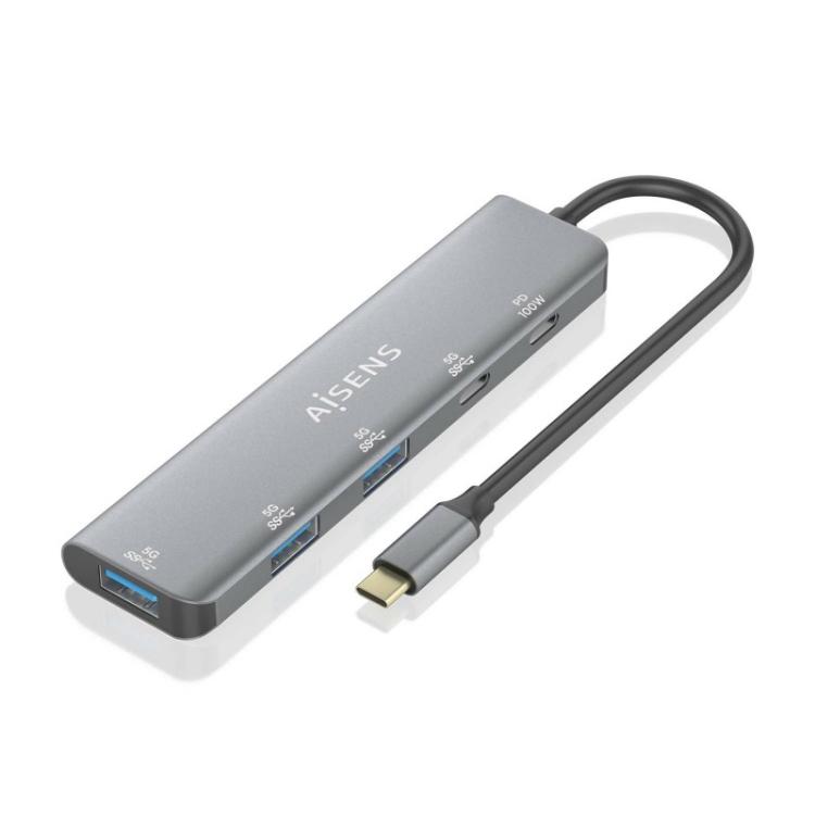 AISENS - Hub USB 3.2 Gen1 5G USB-C, USB-C/M-1xUSB-C PD100W/H-1xUSB-C/H-3xUSB-A/H, Gris, 15cm