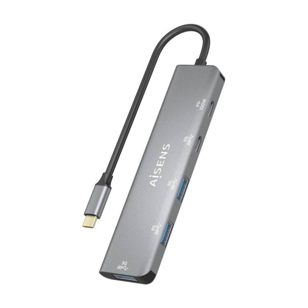 AISENS - Hub USB 3.2 Gen1 5G USB-C, USB-C/M-1xUSB-C PD100W/H-1xUSB-C/H-3xUSB-A/H, Gris, 15cm