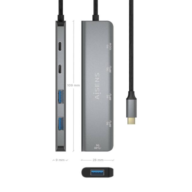 AISENS - Hub USB 3.2 Gen1 5G USB-C, USB-C/M-1xUSB-C PD100W/H-1xUSB-C/H-3xUSB-A/H, Gris, 15cm