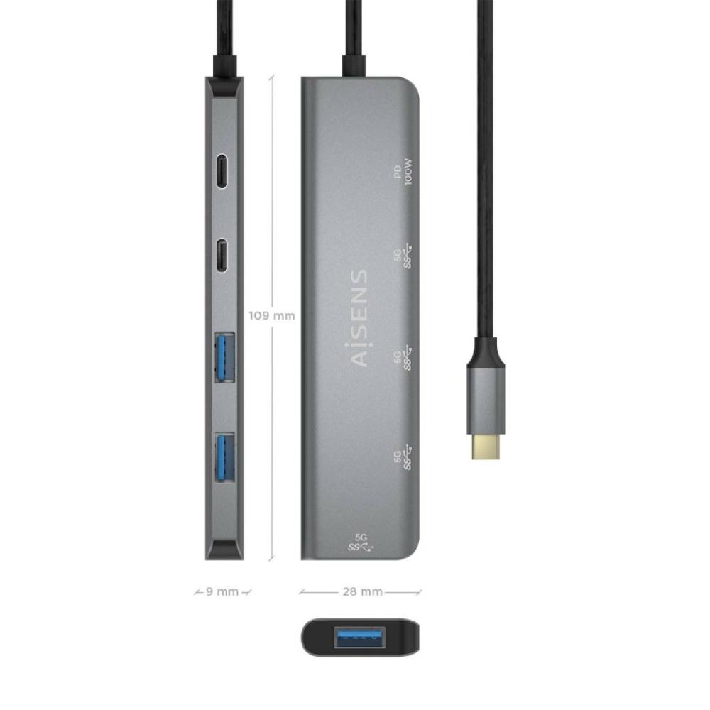 AISENS - Hub USB 3.2 Gen1 5G USB-C, USB-C/M-1xUSB-C PD100W/H-1xUSB-C/H-3xUSB-A/H, Gris, 15cm