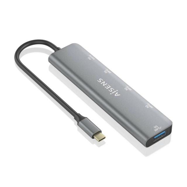 AISENS - Hub USB 3.2 Gen1 5G USB-C, USB-C/M-1xUSB-C PD100W/H-1xUSB-C/H-3xUSB-A/H, Gris, 15cm