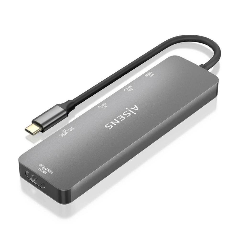 AISENS - USB-C Dock 6 EN 1, USB-C a 1xHDMI, 2xUSB-A, 1xUSB-C PD 100W, 1xSD, 1xMicro SD, Gris, 15cm