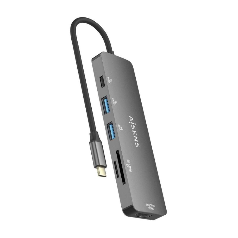 AISENS - USB-C Dock 6 EN 1, USB-C a 1xHDMI, 2xUSB-A, 1xUSB-C PD 100W, 1xSD, 1xMicro SD, Gris, 15cm