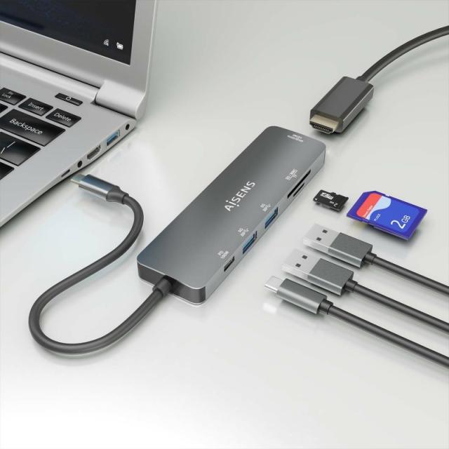 AISENS - USB-C Dock 6 EN 1, USB-C a 1xHDMI, 2xUSB-A, 1xUSB-C PD 100W, 1xSD, 1xMicro SD, Gris, 15cm