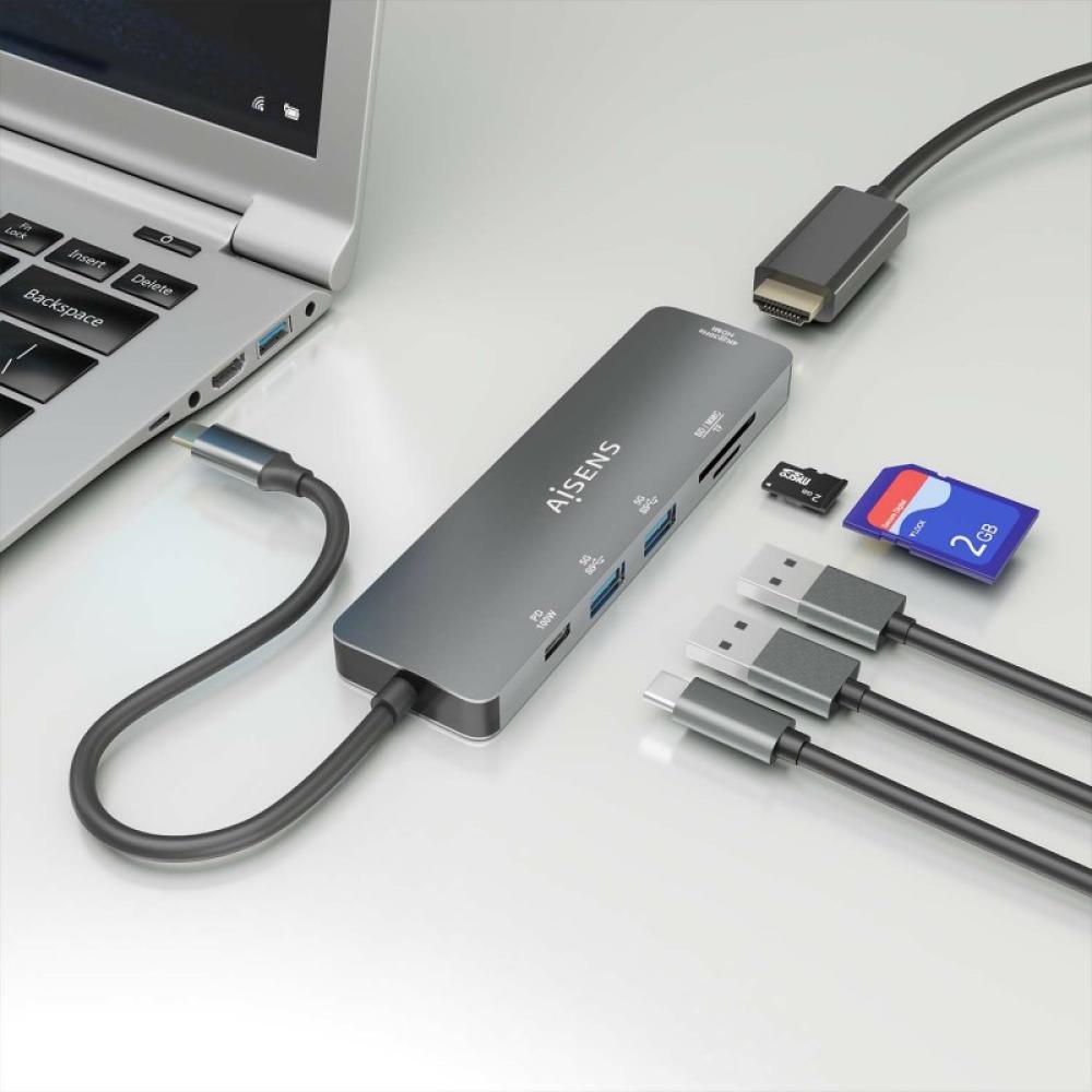 AISENS - USB-C Dock 6 EN 1, USB-C a 1xHDMI, 2xUSB-A, 1xUSB-C PD 100W, 1xSD, 1xMicro SD, Gris, 15cm