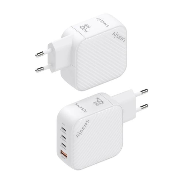 AISENS - Cargador GaN 100W, 3xUSB-C PD3.0 QC4.0, 1xUSB-A QC3.0, Blanco