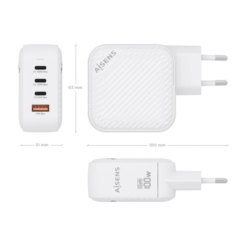 AISENS - Cargador GaN 100W, 3xUSB-C PD3.0 QC4.0, 1xUSB-A QC3.0, Blanco