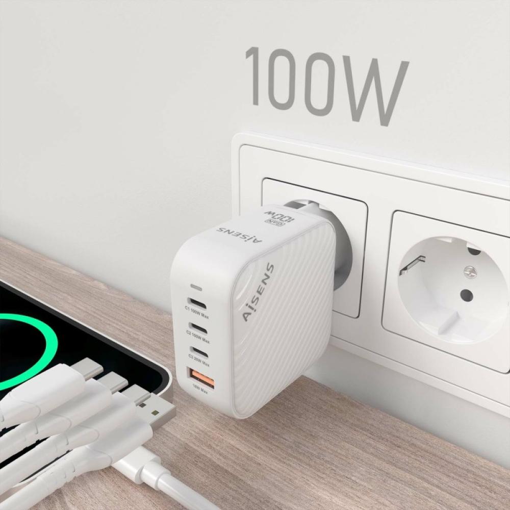AISENS - Cargador GaN 100W, 3xUSB-C PD3.0 QC4.0, 1xUSB-A QC3.0, Blanco