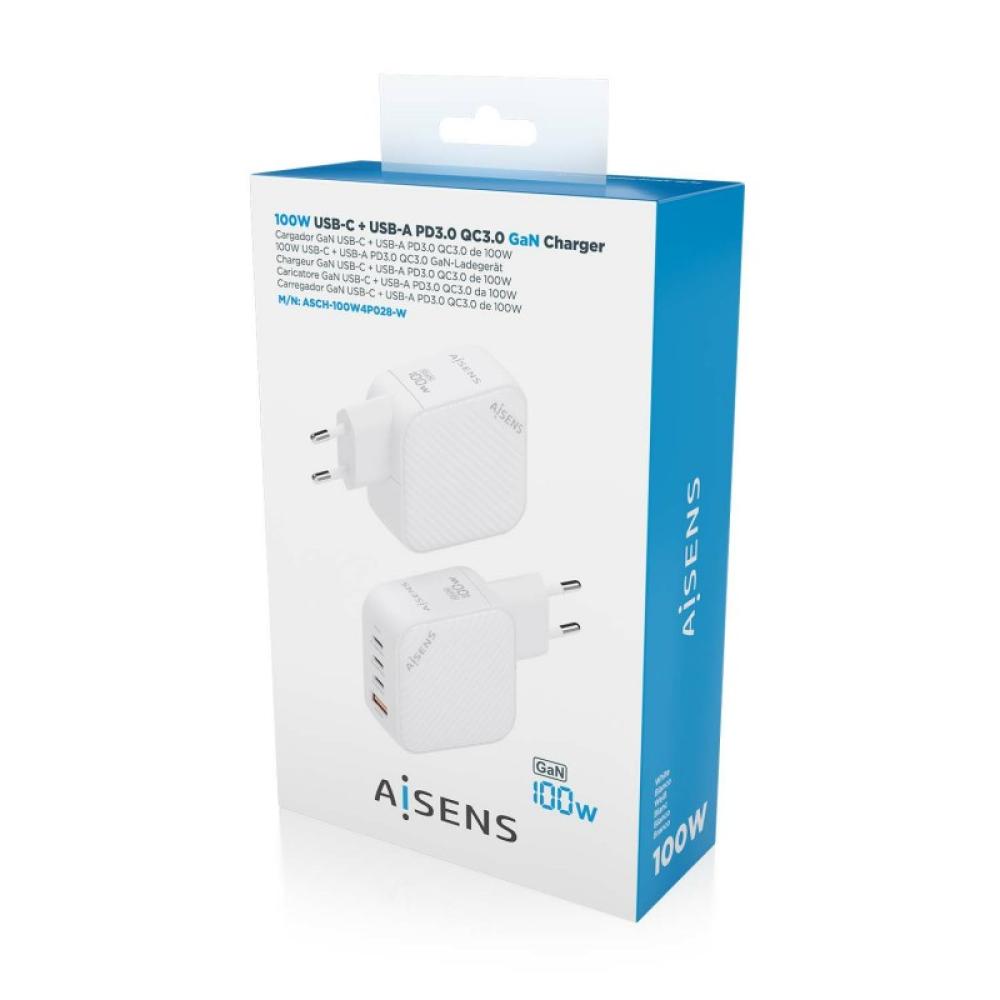 AISENS - Cargador GaN 100W, 3xUSB-C PD3.0 QC4.0, 1xUSB-A QC3.0, Blanco