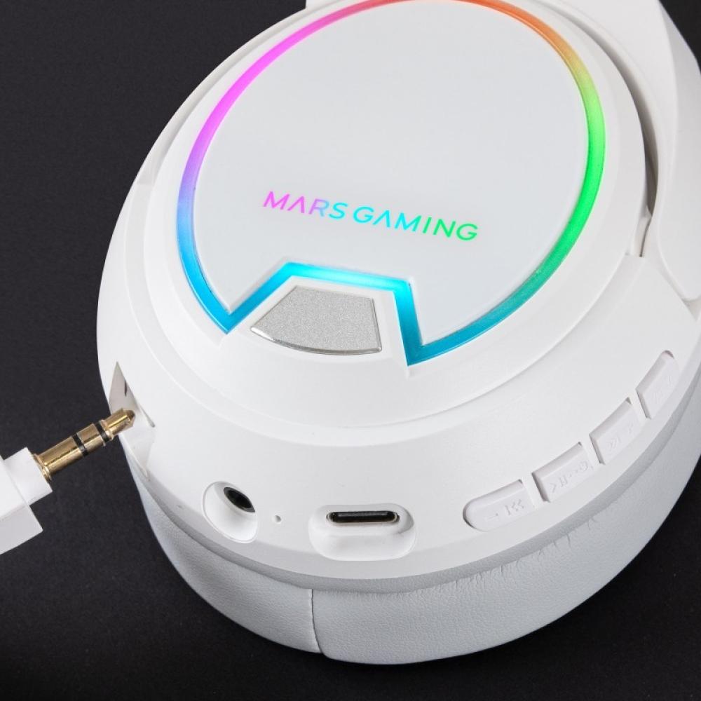 Mars Gaming - MHW-100 Blanco, Auriculares Inalámbricos ARGB Flow, Micrófono ENC Extraíble,Cancelación de Ruido Activa ENC + Pasi