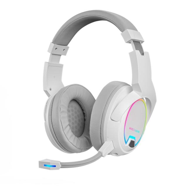 Mars Gaming - MHW-100 Blanco, Auriculares Inalámbricos ARGB Flow, Micrófono ENC Extraíble,Cancelación de Ruido Activa ENC + Pasi