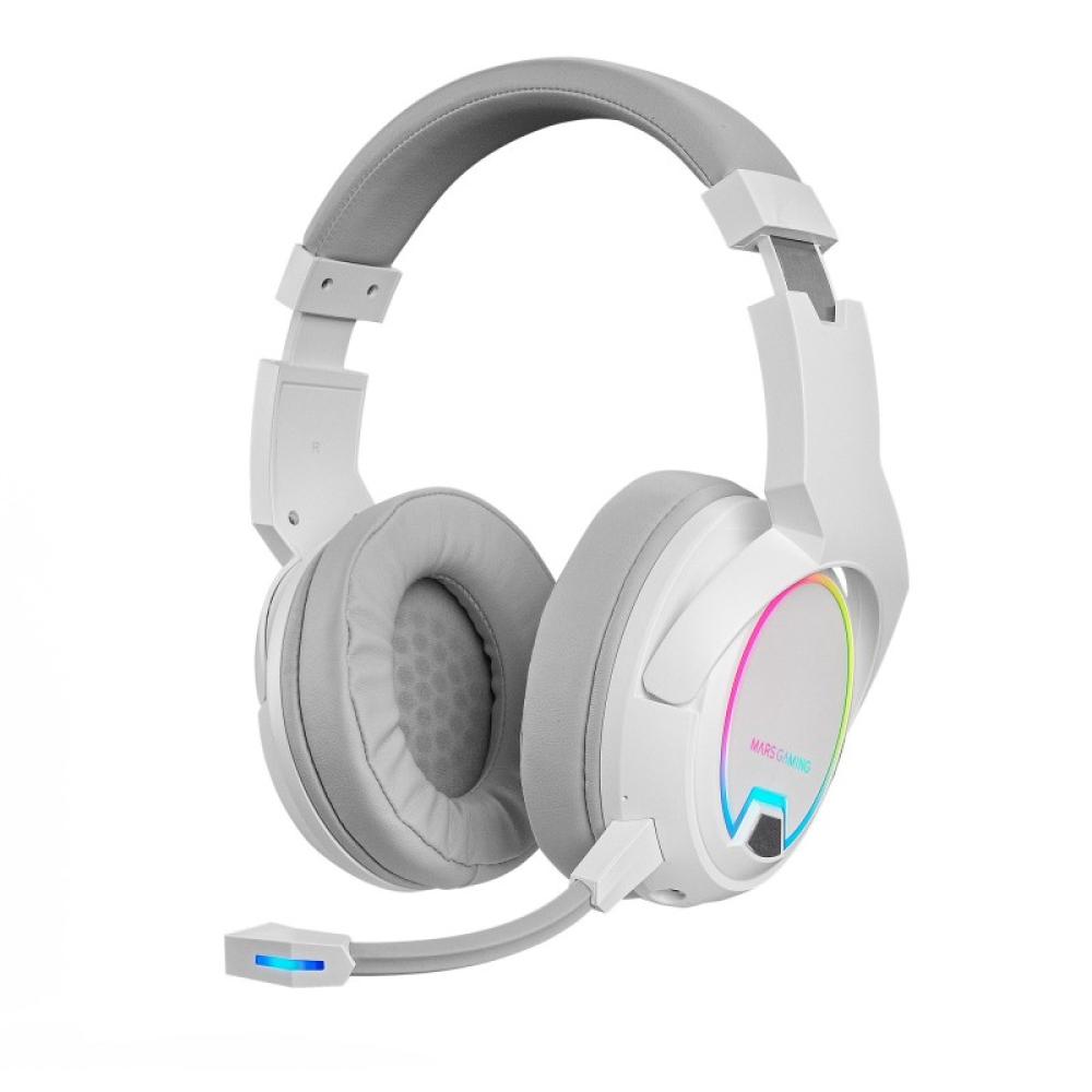 Mars Gaming - MHW-100 Blanco, Auriculares Inalámbricos ARGB Flow, Micrófono ENC Extraíble,Cancelación de Ruido Activa ENC + Pasi