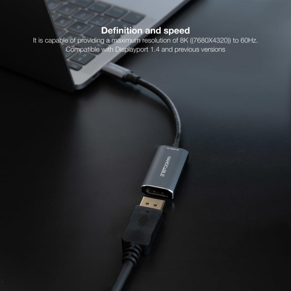 Nanocable - Conversor USB-C a DisplayPort 8K Aluminio, 15 cm, Gris