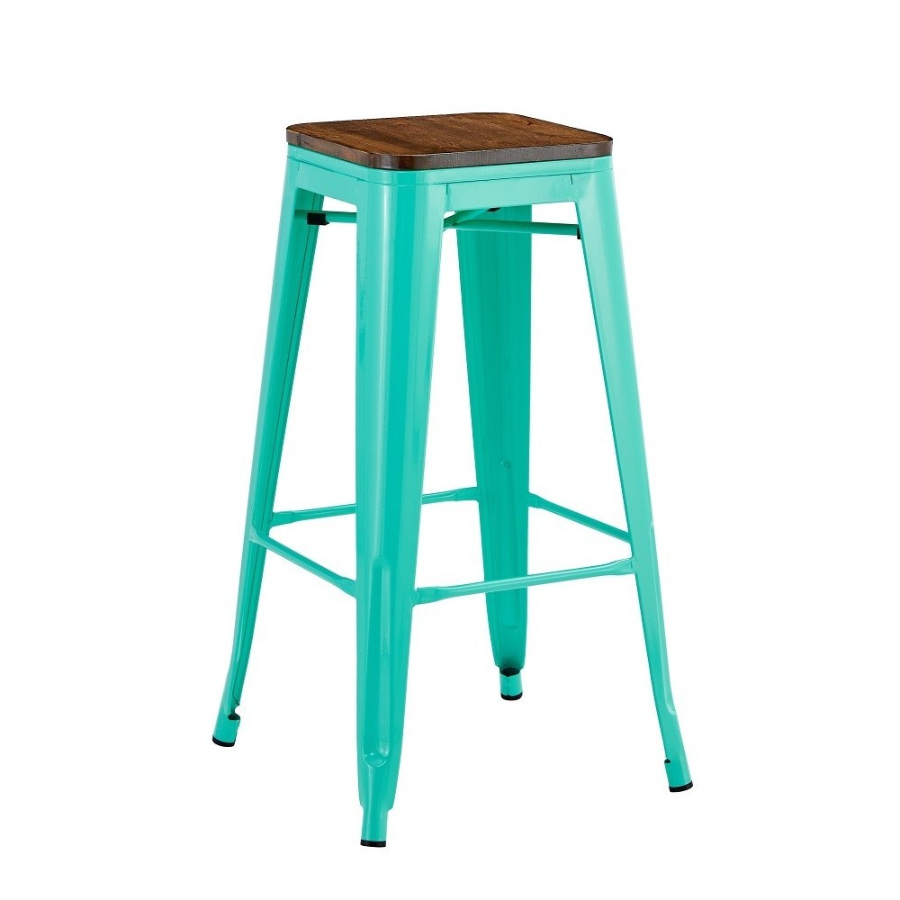 Taburete TOL EK WOOD, acero, verde agua, asiento madera