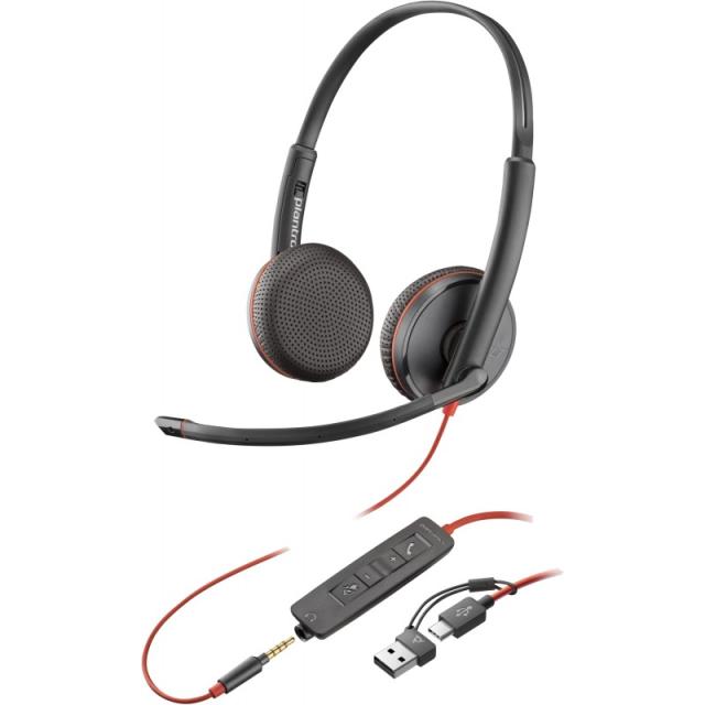 HP Poly - Auriculares estéreo Poly Blackwire 3225 USB-C + Conector de 3,5 mm + Adaptador USB-C/A