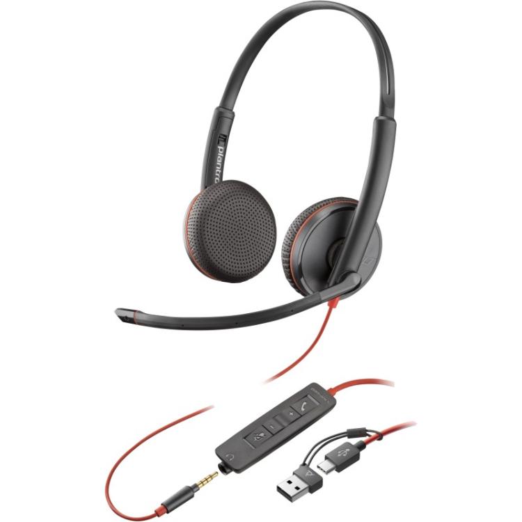 HP Poly - Auriculares estéreo Poly Blackwire 3225 USB-C + Conector de 3,5 mm + Adaptador USB-C/A
